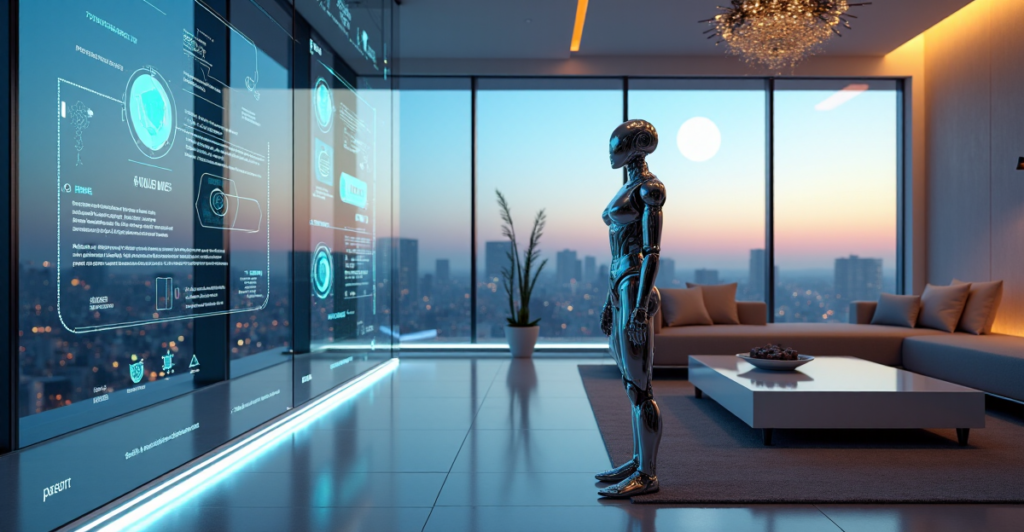 "A futuristic smart home with an AI-powered robot assistant and cutting-edge technology features, evoking feelings of wonder and hope for a technologically advanced future."