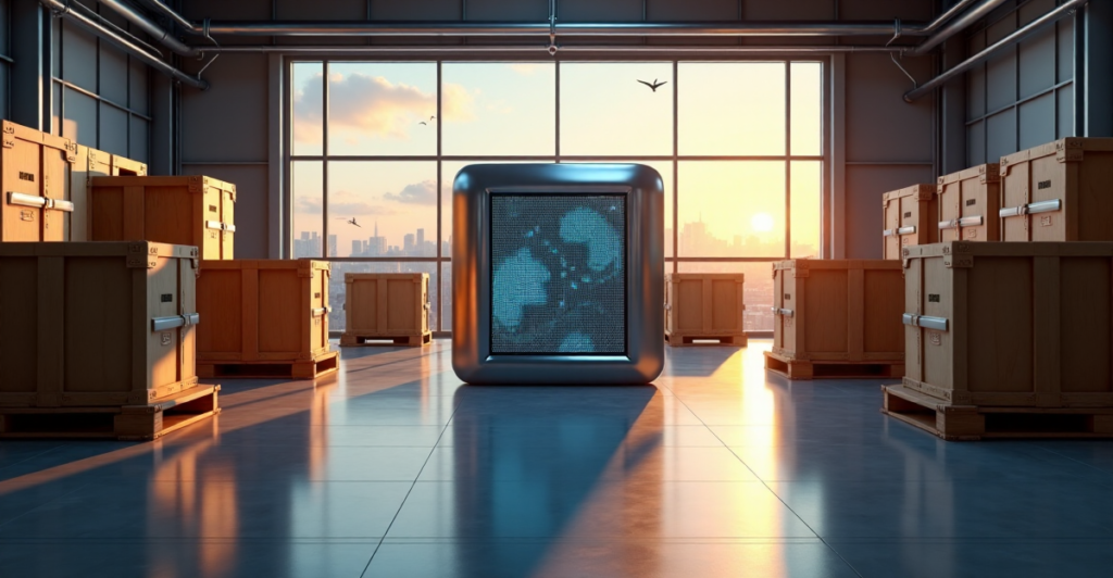 "A futuristic warehouse with a sleek blockchain-enabled supply chain system at its center, surrounded by neatly stacked crates and boxes, showcasing efficiency and innovation in budget-friendly tech, highlighting the importance of 5G connectivity."