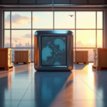 "A futuristic warehouse with a sleek blockchain-enabled supply chain system at its center, surrounded by neatly stacked crates and boxes, showcasing efficiency and innovation in budget-friendly tech, highlighting the importance of 5G connectivity."