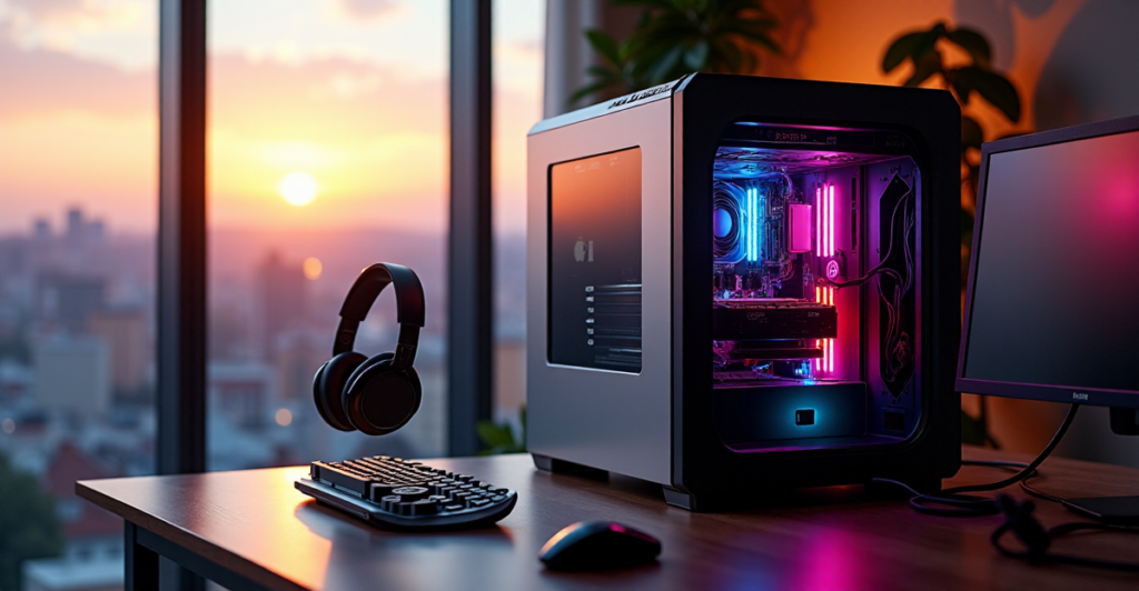"A modern gaming setup in a living room with a cityscape view at dusk, featuring a state-of-the-art gaming PC and top-tier peripherals with 5G connectivity."