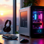 "A modern gaming setup in a living room with a cityscape view at dusk, featuring a state-of-the-art gaming PC and top-tier peripherals with 5G connectivity."