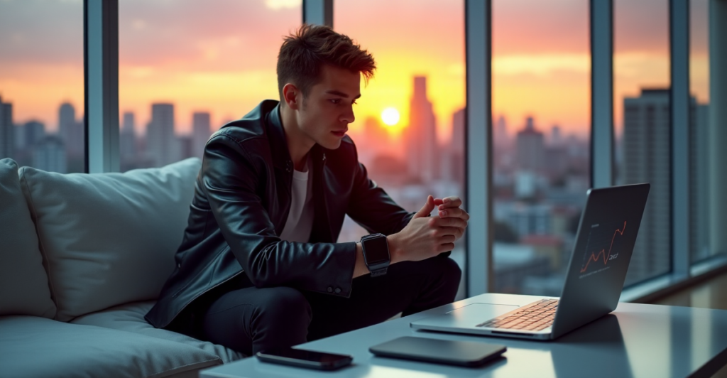 "A young adult sits on a minimalist couch in a high-tech home office, focused on their smartwatch amidst cutting-edge gadgets and a cityscape at sunset."