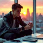 "A young adult sits on a minimalist couch in a high-tech home office, focused on their smartwatch amidst cutting-edge gadgets and a cityscape at sunset."
