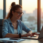 "Maximize Productivity with Smart Office Tech for a Smarter You" "A young professional sits comfortably at a modern desk, surrounded by cutting-edge office technology, exuding confidence and focus amidst a serene cityscape."