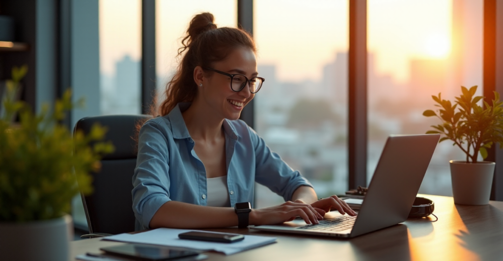 "A young professional sits comfortably at a modern desk, surrounded by cutting-edge office technology, exuding confidence and focus amidst a serene cityscape."