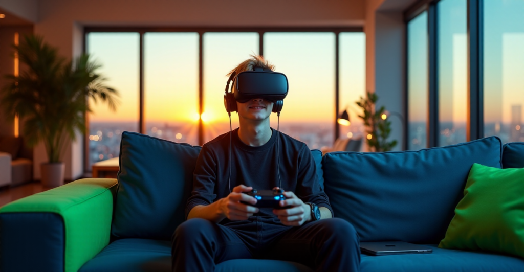 "A young gamer sits comfortably on a dark blue couch surrounded by cutting-edge 5G gadgets, immersed in an epic virtual reality experience with AI-powered gaming glasses."