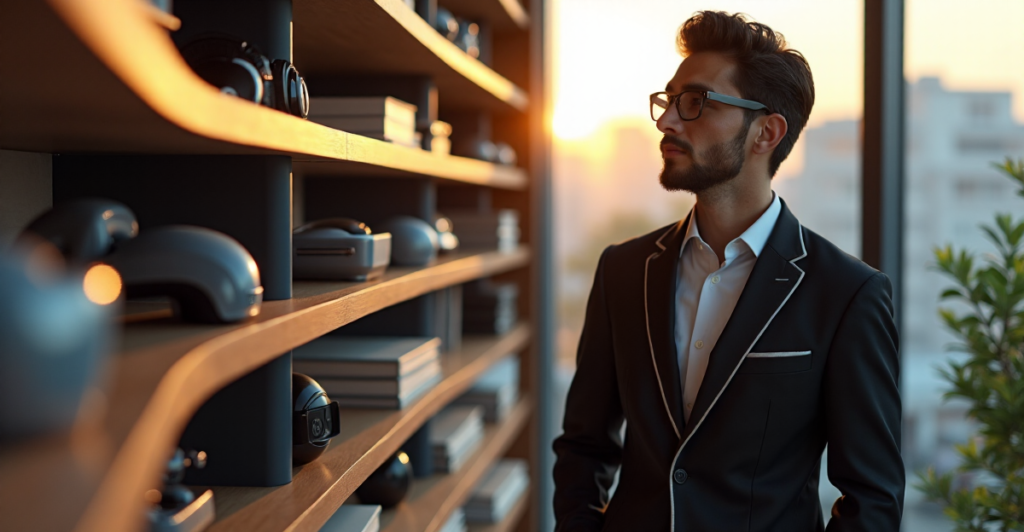 "Max Zypher stands confidently in front of a modern bookshelf filled with cutting-edge smart learning gadgets, conveying expertise and authority."