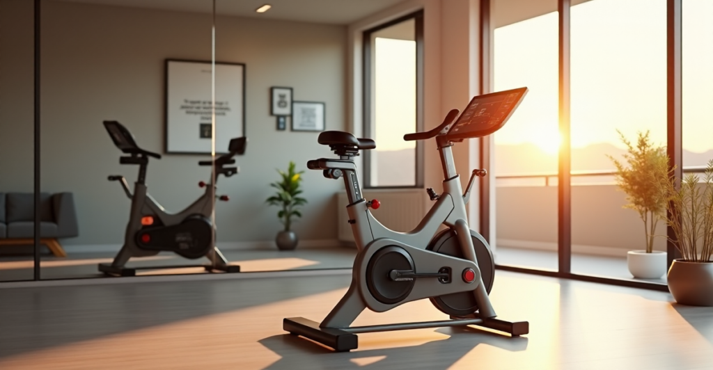 "A state-of-the-art home gym setup featuring a high-tech exercise bike with touchscreen display and adjustable resistance, surrounded by minimalist decor and motivational quotes."