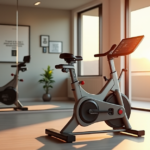 "A state-of-the-art home gym setup featuring a high-tech exercise bike with touchscreen display and adjustable resistance, surrounded by minimalist decor and motivational quotes."