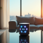 "A modern smart home's central hub featuring a sleek smart speaker with touchscreen display on a glass coffee table in a serene living room with floor-to-ceiling window, showcasing cutting-edge home automation systems."