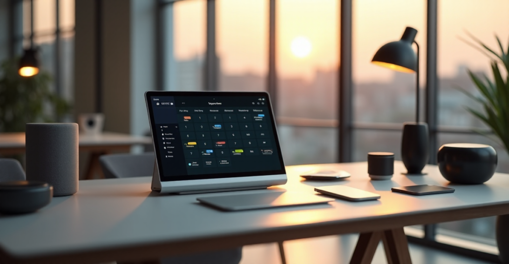 "A sleek silver smart home hub with a large touchscreen display on a minimalist desk, surrounded by cutting-edge gadgets in a modern office setting."