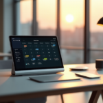 "A sleek silver smart home hub with a large touchscreen display on a minimalist desk, surrounded by cutting-edge gadgets in a modern office setting."