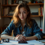"A young woman sits at a cluttered desk surrounded by budget-friendly tech gadgets, including a Raspberry Pi, Arduino board, and smartphone with custom recycled case, connected to a blockchain-enabled device displaying decentralized network diagram."