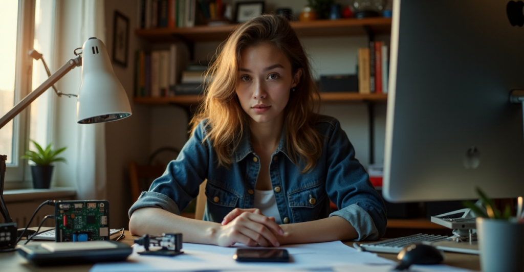 "A young woman sits at a cluttered desk surrounded by budget-friendly tech gadgets, including a Raspberry Pi, Arduino board, and smartphone with custom recycled case, connected to a blockchain-enabled device displaying decentralized network diagram."