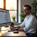 "A young professional sits at a modern desk with a 4K monitor displaying productivity apps, surrounded by smart gadgets and natural light pouring in through large windows."