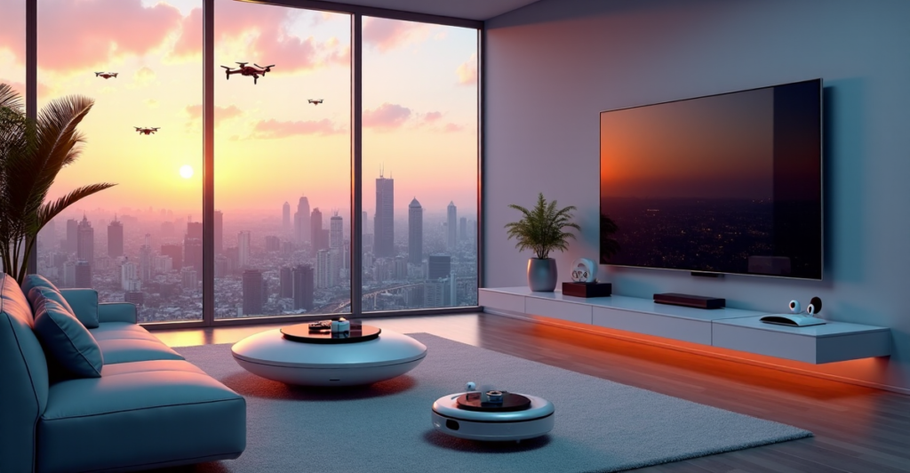 A futuristic living room featuring a silver 85-inch 8K smart TV, cutting-edge gadgets, and a cityscape at dusk with flying drones and self-driving cars.