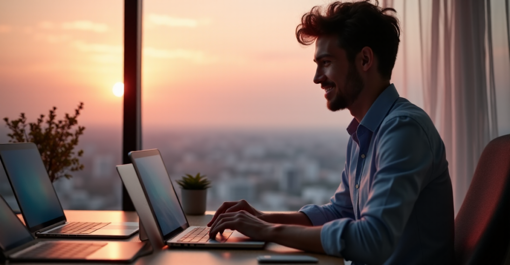 "A young professional sits in a modern home office, surrounded by top 5G connectivity gadgets, intently focused on work amidst a serene cityscape at sunset."