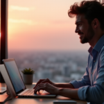 "A young professional sits in a modern home office, surrounded by top 5G connectivity gadgets, intently focused on work amidst a serene cityscape at sunset."