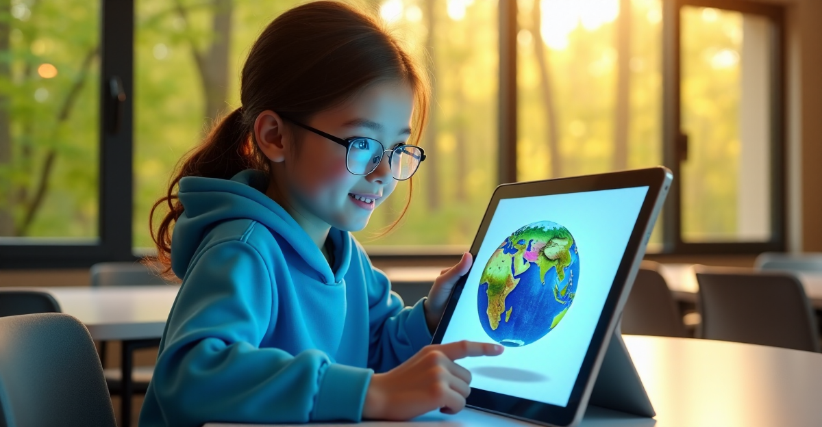 A young girl sits at a minimalist desk, interacting with an immersive 3D globe on her tablet in a cutting-edge learning environment surrounded by natural light and lush forest views.