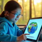 "Empowering Learning: The Future of Education Starts Here" A young girl sits at a minimalist desk, interacting with an immersive 3D globe on her tablet in a cutting-edge learning environment surrounded by natural light and lush forest views.