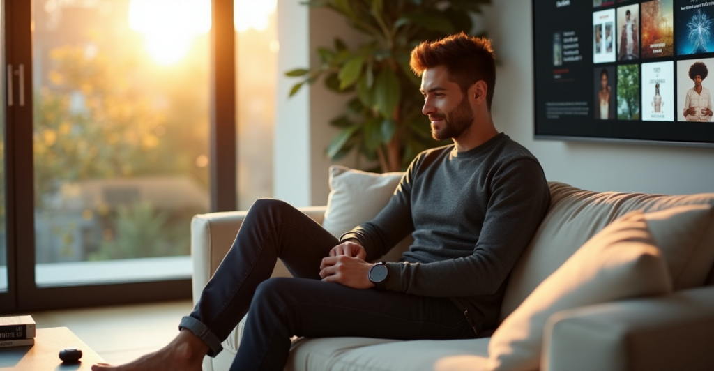 "Max Zypher relaxing on a cream-colored couch, surrounded by cutting-edge wellness apps and gadgets, with books on mindfulness nearby."