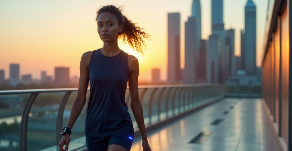 "A young woman wearing a sleek silver smartwatch walks towards a futuristic cityscape at sunset, exuding calm determination and cutting-edge style."