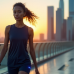 "A young woman wearing a sleek silver smartwatch walks towards a futuristic cityscape at sunset, exuding calm determination and cutting-edge style."