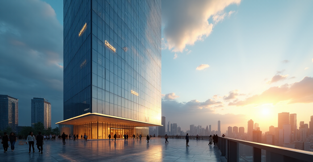 "A sleek, modern skyscraper with gleaming glass and steel façade, showcasing cutting-edge 5G-enabled infrastructure and subtle LED lighting."