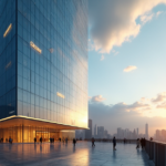 "A sleek, modern skyscraper with gleaming glass and steel façade, showcasing cutting-edge 5G-enabled infrastructure and subtle LED lighting."