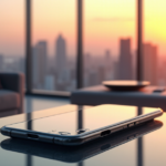 A futuristic smartphone on a minimalist coffee table in a modern living room with cutting-edge innovation gadgets and smart devices subtly integrated into the décor.