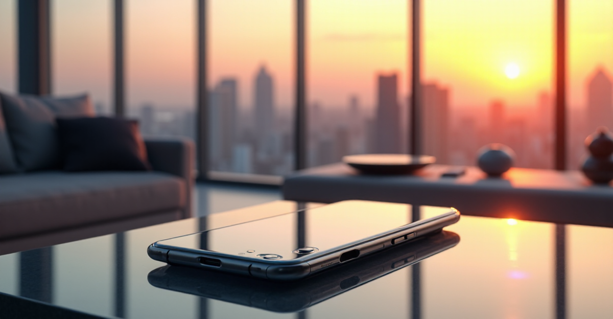 A futuristic smartphone on a minimalist coffee table in a modern living room with cutting-edge innovation gadgets and smart devices subtly integrated into the décor.