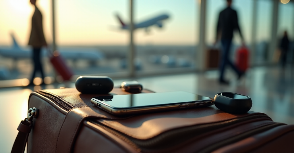 "A sleek silver smartphone lies on a worn leather travel bag surrounded by cutting-edge gadgets in an airport terminal."