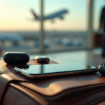 "Smart Travel Essentials: Top 5G Gadgets for a Smarter Journey" "A sleek silver smartphone lies on a worn leather travel bag surrounded by cutting-edge gadgets in an airport terminal."