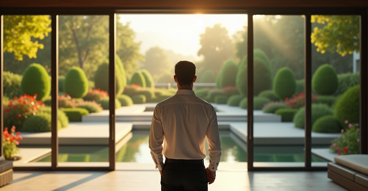 A man stands confidently in a serene outdoor oasis, surrounded by lush greenery, vibrant flowers, and a tranquil pond, exuding calm authority and satisfaction.