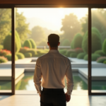 A man stands confidently in a serene outdoor oasis, surrounded by lush greenery, vibrant flowers, and a tranquil pond, exuding calm authority and satisfaction.