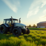 "A modern farm with a sleek silver robotic tractor, showcasing AI-powered automation solutions amidst lush green fields and neatly arranged crops."