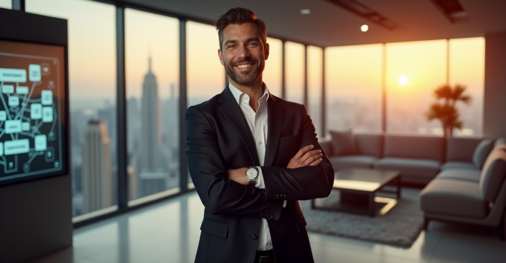 A photorealistic image of Max Zypher standing confidently in front of a modern office space with cityscape view at sunrise, showcasing top productivity solutions and gadgets including 5G connectivity features.