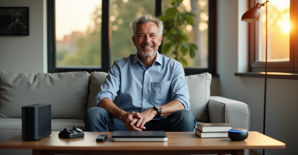 "Middle-aged man in a light blue shirt and dark jeans sits on a minimalist couch surrounded by cutting-edge tech gadgets and devices, exuding approachability and expertise."