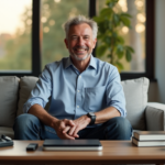 "Middle-aged man in a light blue shirt and dark jeans sits on a minimalist couch surrounded by cutting-edge tech gadgets and devices, exuding approachability and expertise."