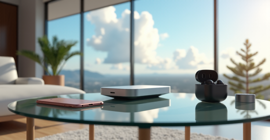 "A serene modern living room with a sleek smart home hub and top 5G connectivity gadgets 2025, including a rose-gold smartphone and wireless earbuds charging dock."