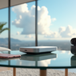 "A serene modern living room with a sleek smart home hub and top 5G connectivity gadgets 2025, including a rose-gold smartphone and wireless earbuds charging dock."