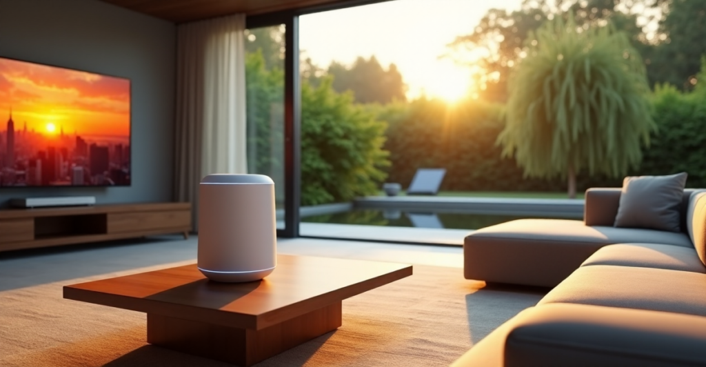 "A sleek living room featuring a cutting-edge smart speaker on a minimalist coffee table in front of an 85-inch 4K TV, surrounded by natural light and lush greenery."
