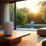 "Smart Home Essentials: Top 5G Gadgets for a Smarter Living" "A sleek living room featuring a cutting-edge smart speaker on a minimalist coffee table in front of an 85-inch 4K TV, surrounded by natural light and lush greenery."