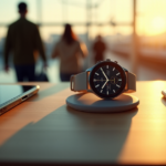 "A sleek silver smartwatch on a minimalist wooden desk surrounded by high-tech gadgets, showcasing top 5G connectivity gadgets 2025 in a busy airport or train station scene."
