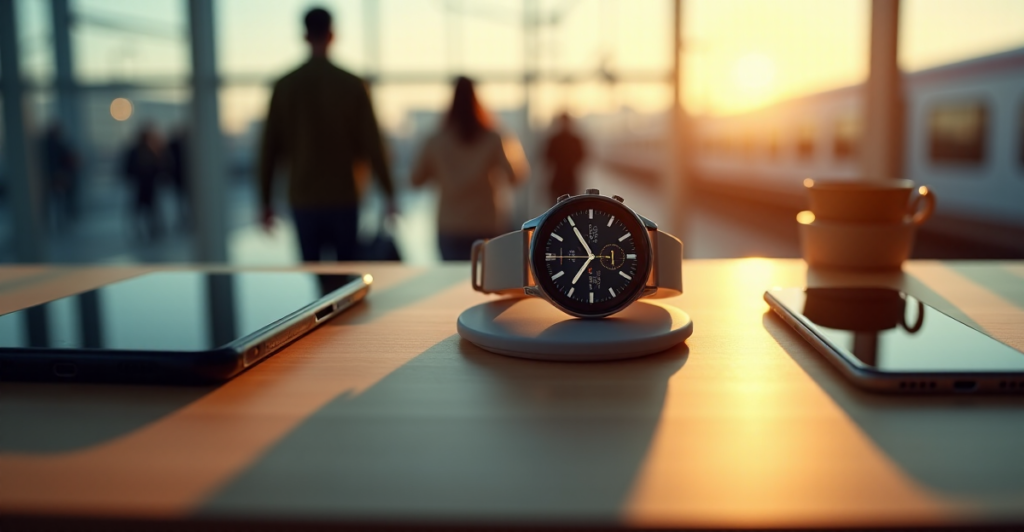 "A sleek silver smartwatch on a minimalist wooden desk surrounded by high-tech gadgets, showcasing top 5G connectivity gadgets 2025 in a busy airport or train station scene."