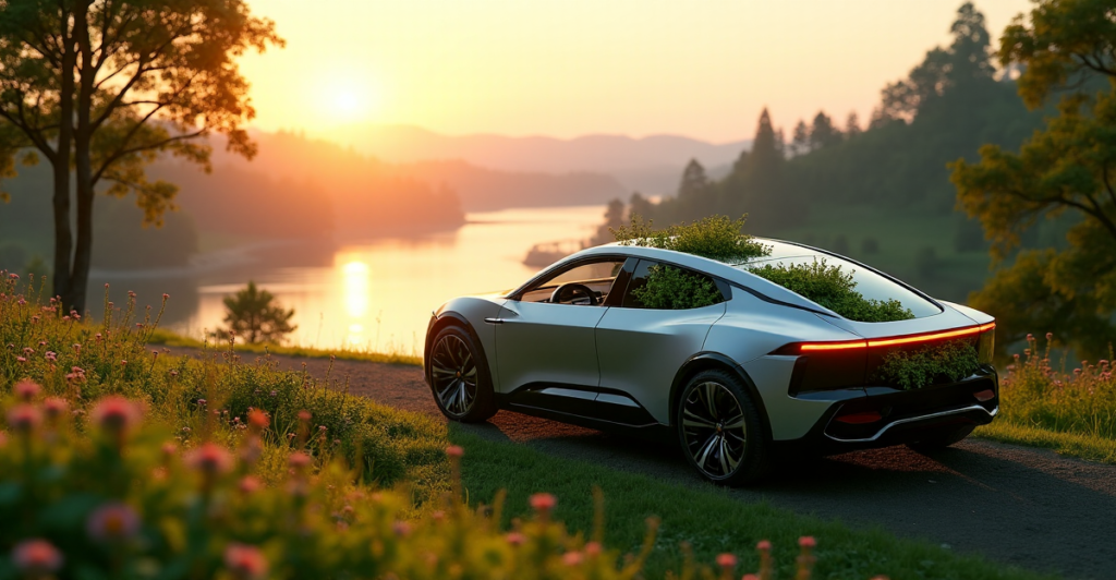 "A sleek, silver electric car with solar panels integrated into its body, parked on a lush hillside overlooking a serene lake at dawn, symbolizing harmony between technology and nature."