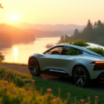 "A sleek, silver electric car with solar panels integrated into its body, parked on a lush hillside overlooking a serene lake at dawn, symbolizing harmony between technology and nature."