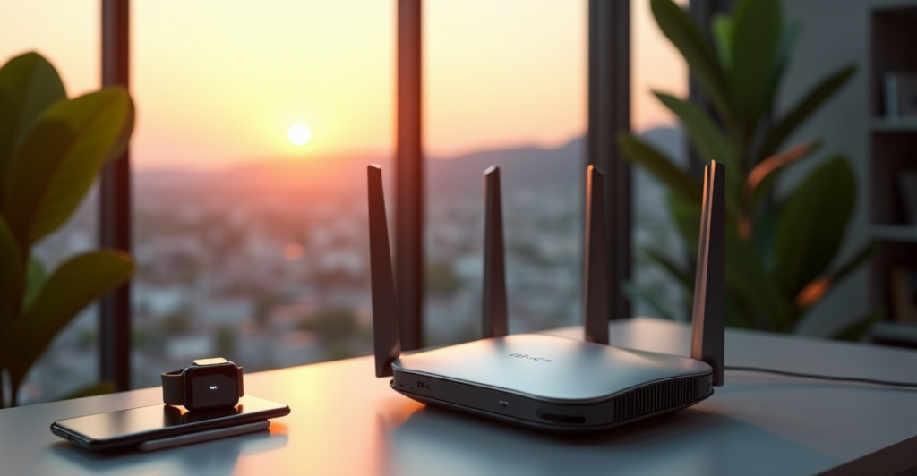 "A modern home office setup featuring a sleek silver 5G router as the central object amidst lush greenery and a serene cityscape at sunset."