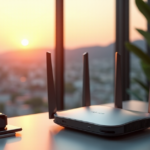 "Maximize Efficiency with Top 5G Gadgets and AI Automation Devices for Streamlined Productivity" "A modern home office setup featuring a sleek silver 5G router as the central object amidst lush greenery and a serene cityscape at sunset."