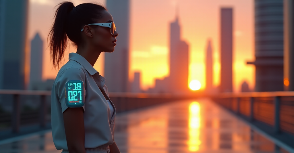 A woman wearing a sleek silver smartwatch with pulsing blue lines, walking towards a cityscape at sunset, exuding determination amidst innovative wearable tech advancements, reflecting top 5G connectivity gadgets 2025.